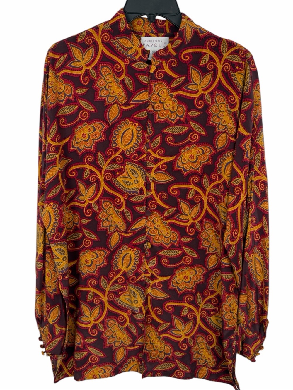 Adrianna Papell EUC Vintage 100% Silk Tunic Blouse With Mandarin Collar. Size 8.